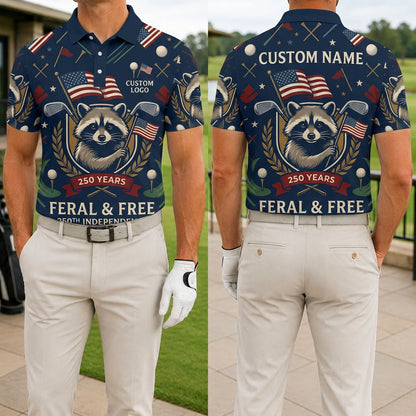 Front and back view of the Feral & Free 250th anniversary custom golf polo