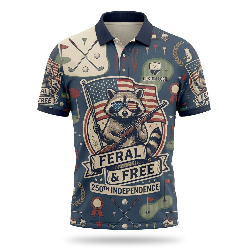 Flatlay view of the unique navy-blue Feral & Free golf polo