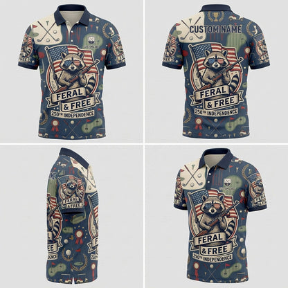 Multiple angles of the Feral & Free Raccoon golf shirt