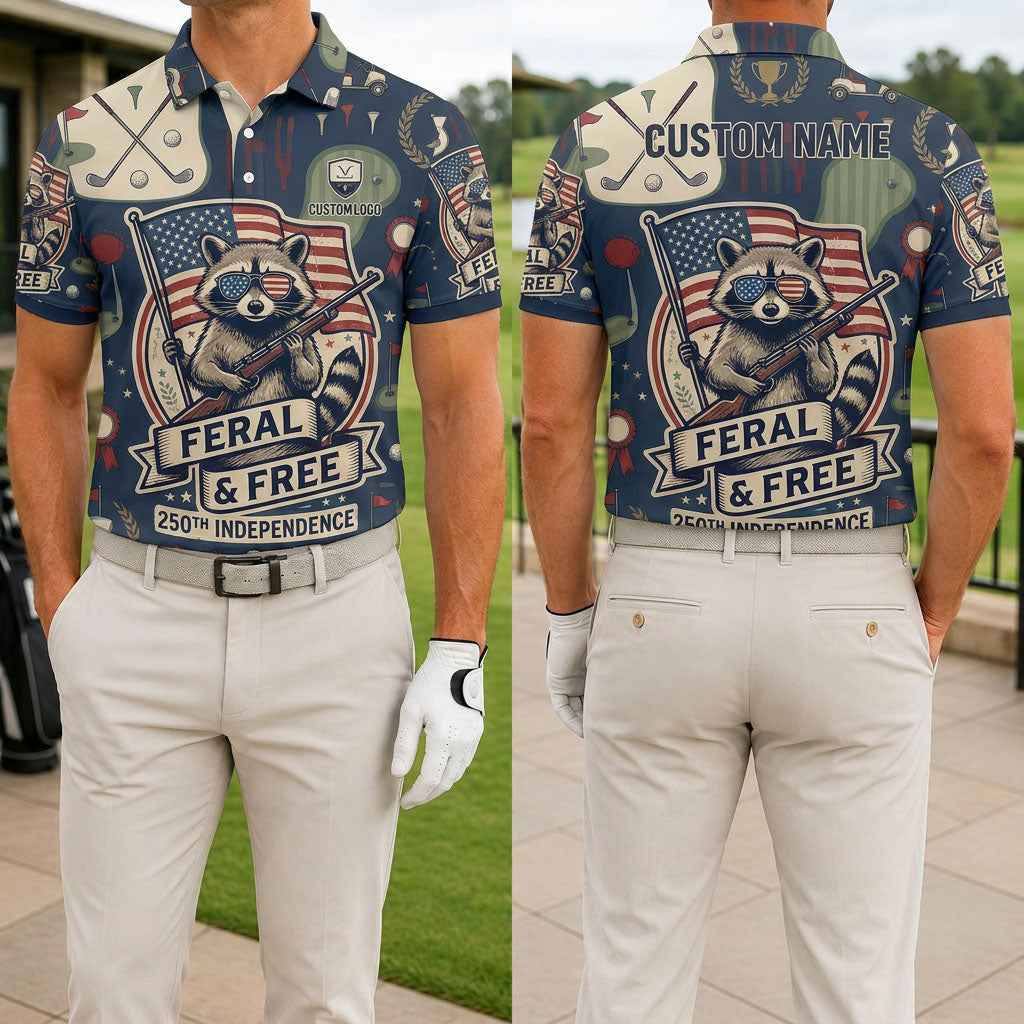 Front and back view of the Feral & Free raccoon patriotic golf polo