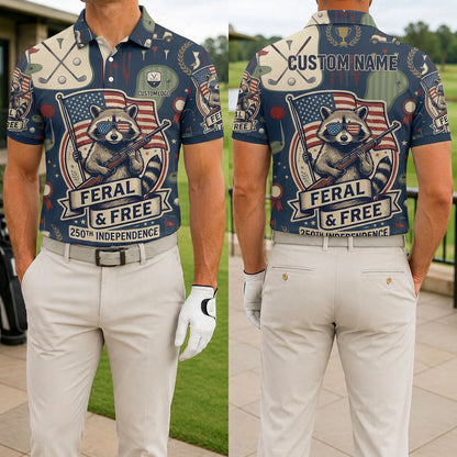 Front and back view of the Feral & Free raccoon patriotic golf polo