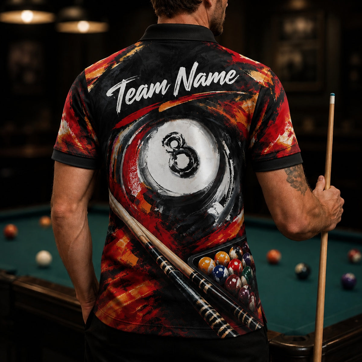 Fiery 8 Ball Art Graphic Personalized Billiard Polo Shirt Back View
