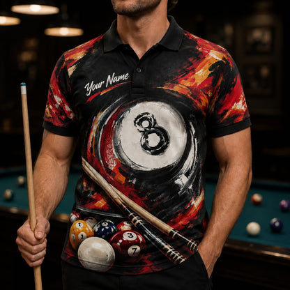 Fiery 8 Ball Art Graphic Personalized Billiard Polo Shirt Front View