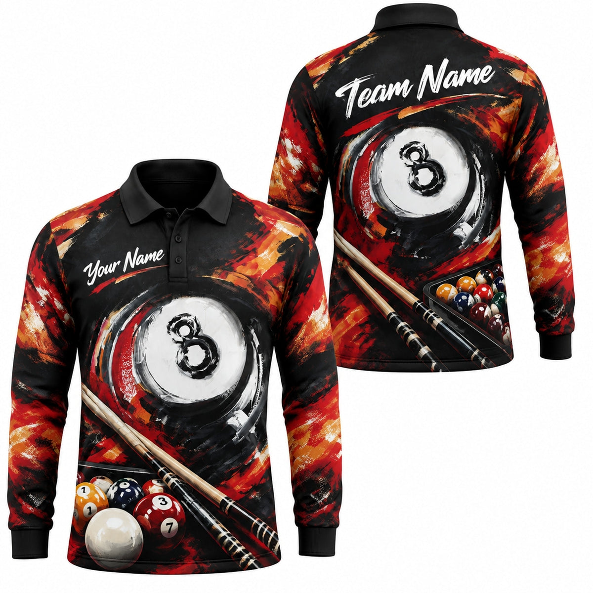 Fiery 8 Ball Art Graphic Personalized Billiard Polo Shirt Long Sleeve Polo
