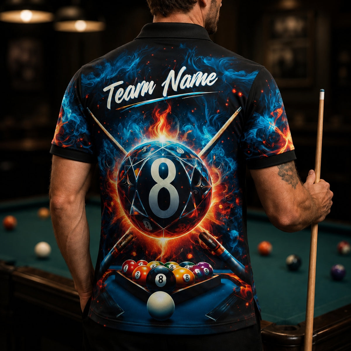 Fiery 8 Ball Graphic Personalized Billiard Polo Shirt Back View