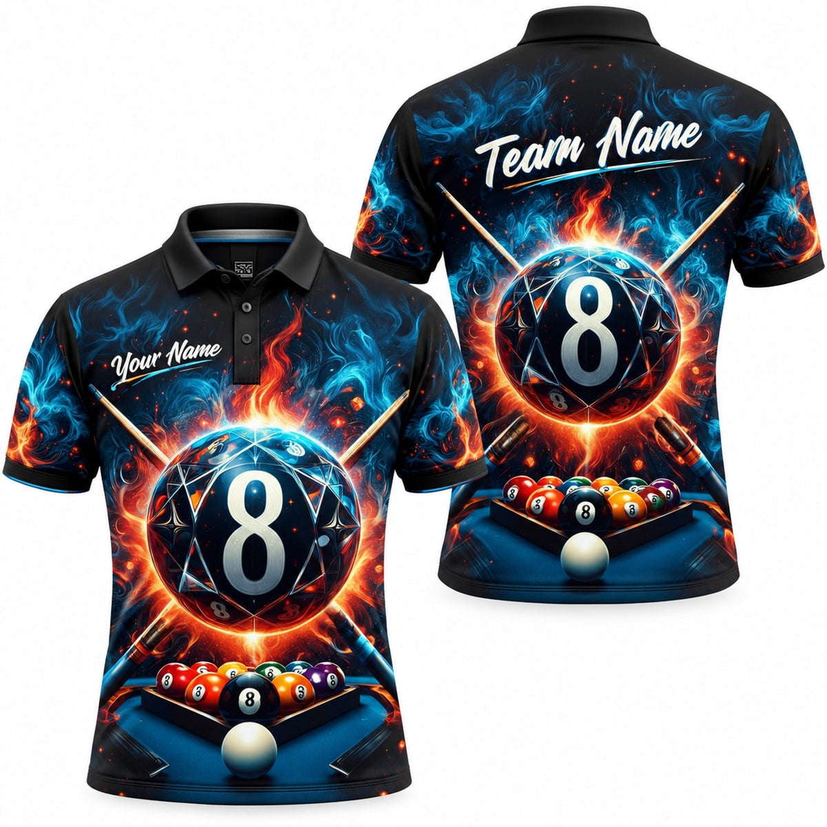 Fiery 8 Ball Graphic Personalized Billiard Polo Shirt