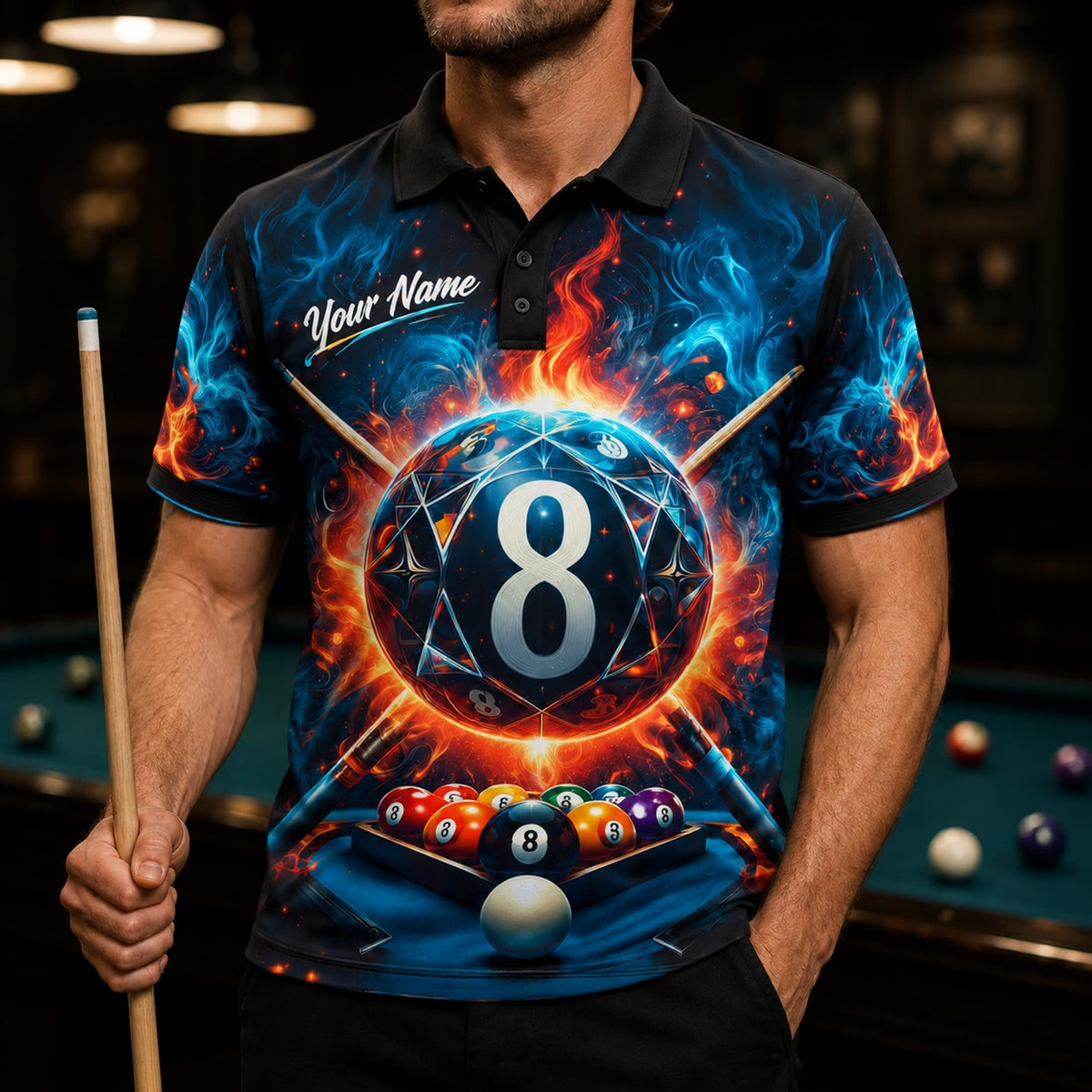Fiery 8 Ball Graphic Personalized Billiard Polo Shirt Front View