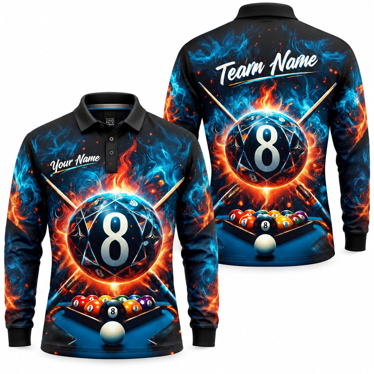 Fiery 8 Ball Graphic Personalized Billiard Polo Shirt Long Sleeve Polo