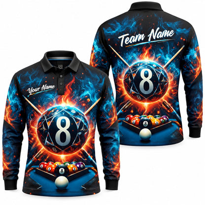 Fiery 8 Ball Graphic Personalized Billiard Polo Shirt Long Sleeve Polo