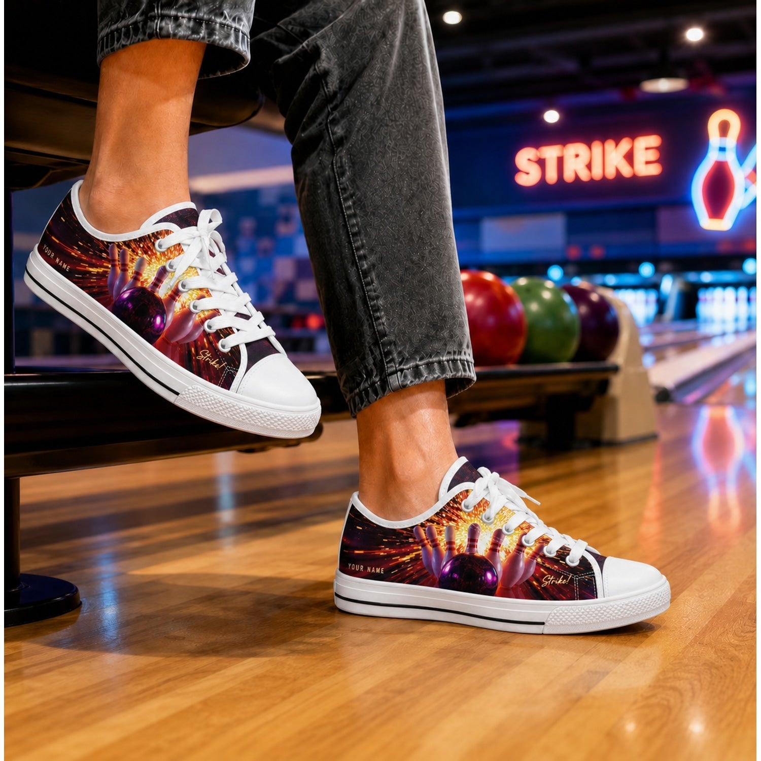 Fiery Bowling Strike Design Graphic Personalized Low Top Shoes Bowling Life Style