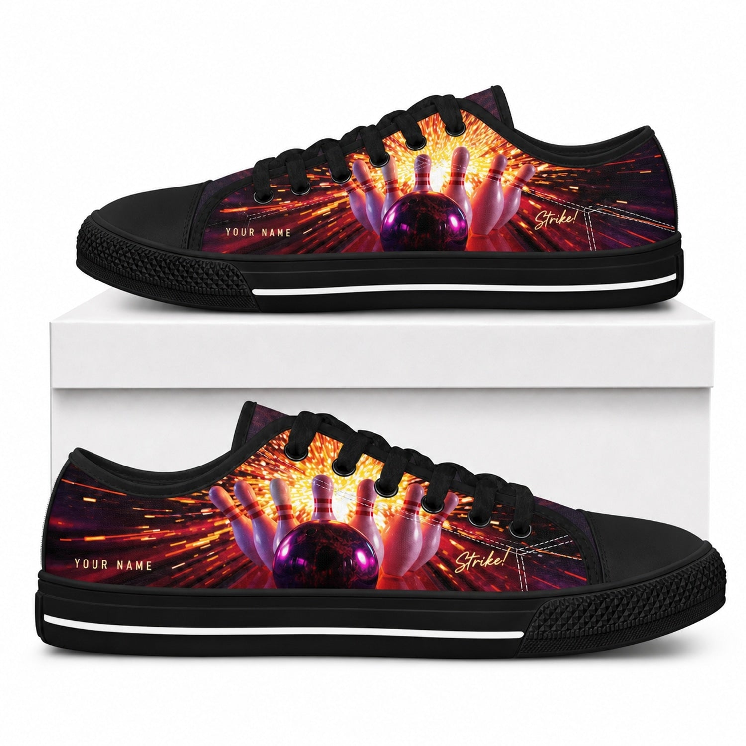 Fiery Bowling Strike Design Graphic Personalized Low Top Shoes Box Black
