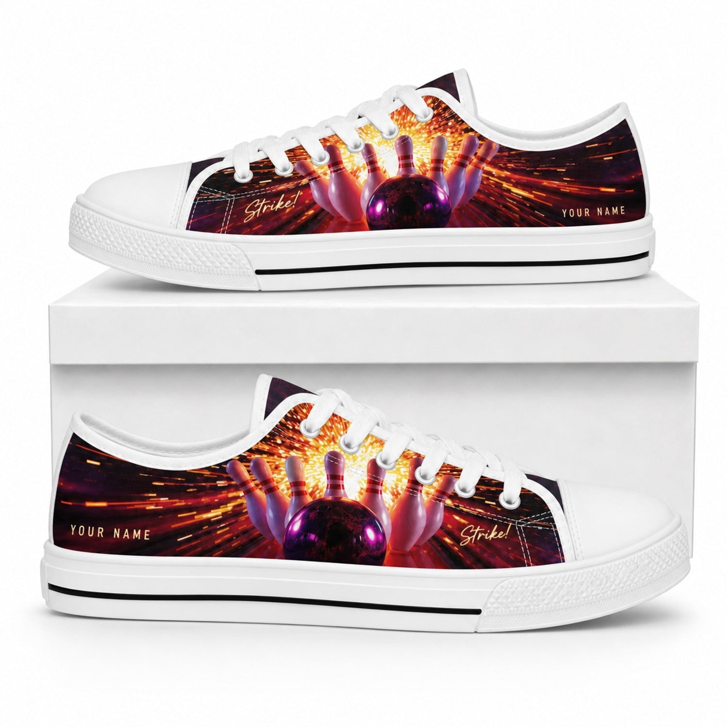 Fiery Bowling Strike Design Graphic Personalized Low Top Shoes Box White