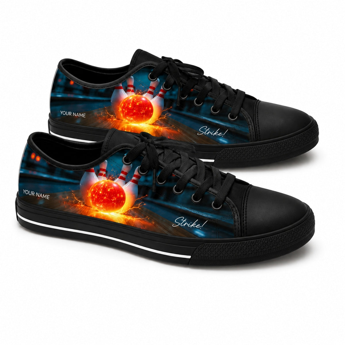 Fiery Bowling Strike Graphic Personalized Low Top Shoes Black Shoes