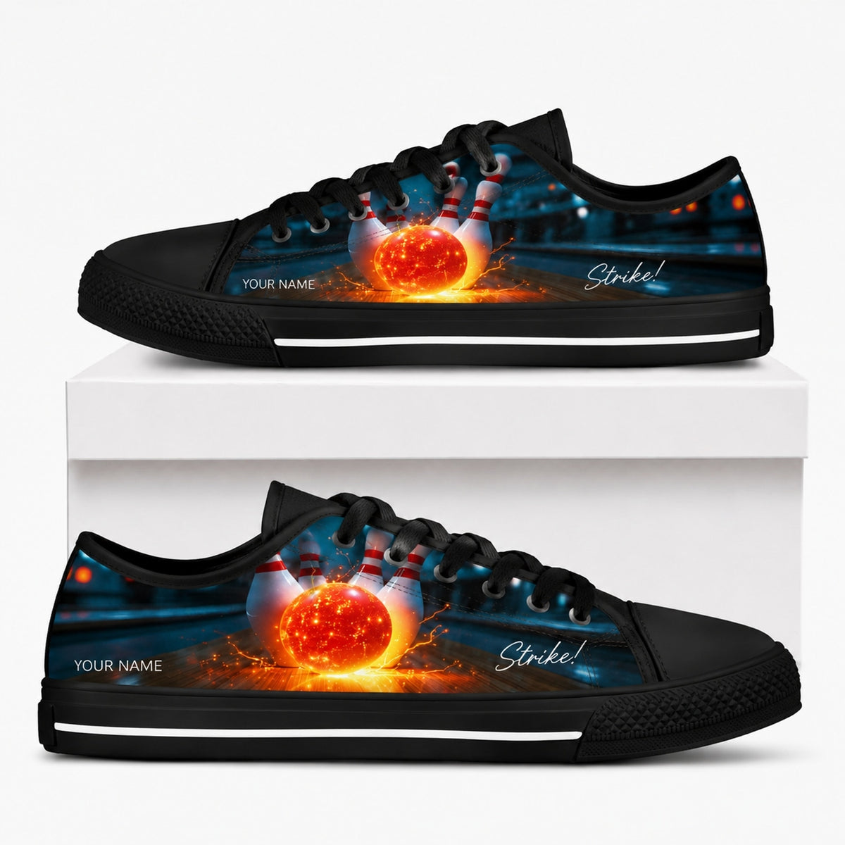 Fiery Bowling Strike Graphic Personalized Low Top Shoes Box Black