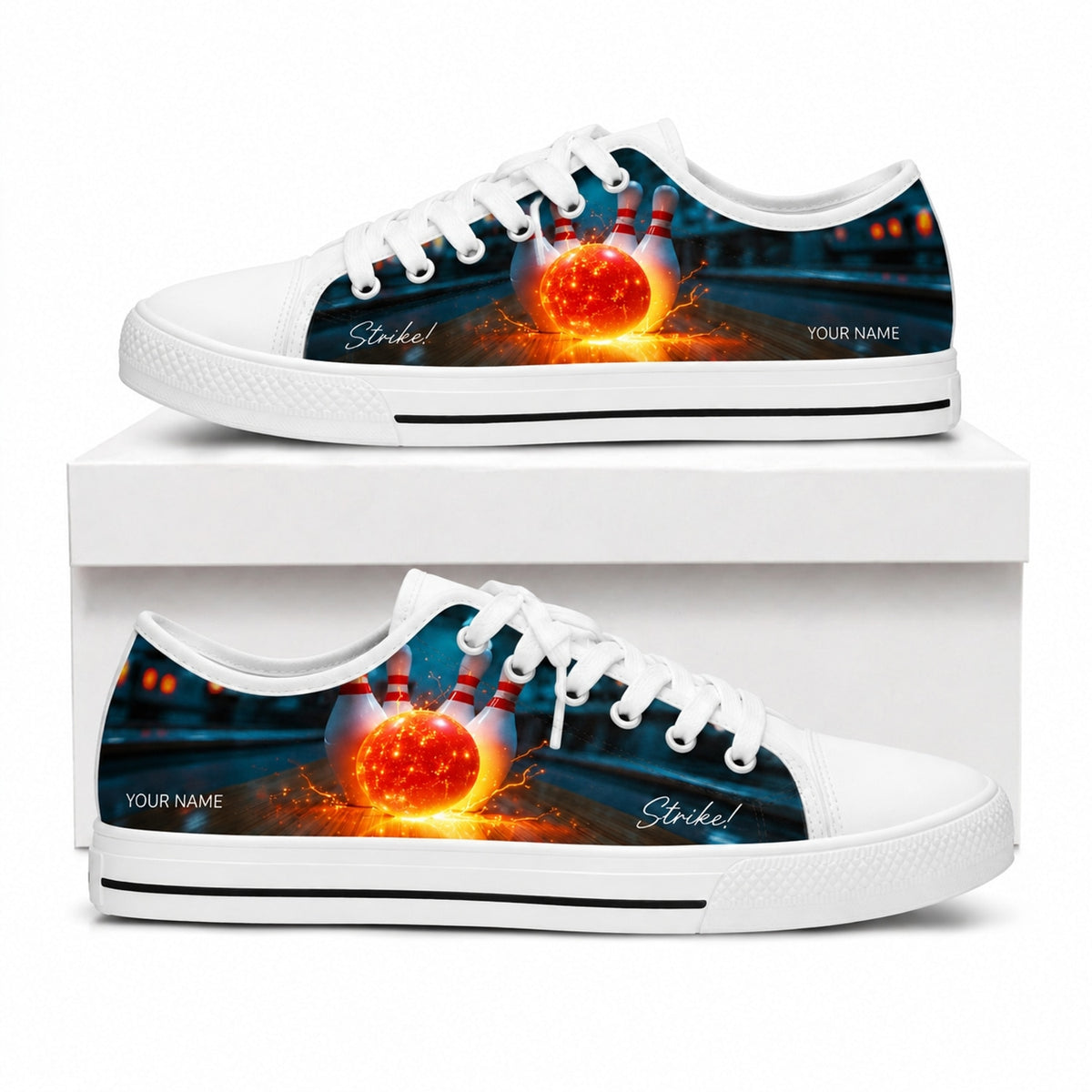 Fiery Bowling Strike Graphic Personalized Low Top Shoes Box White