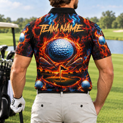 Fiery Golf Ball Clubs Custom Golf Polo Shirt Back View