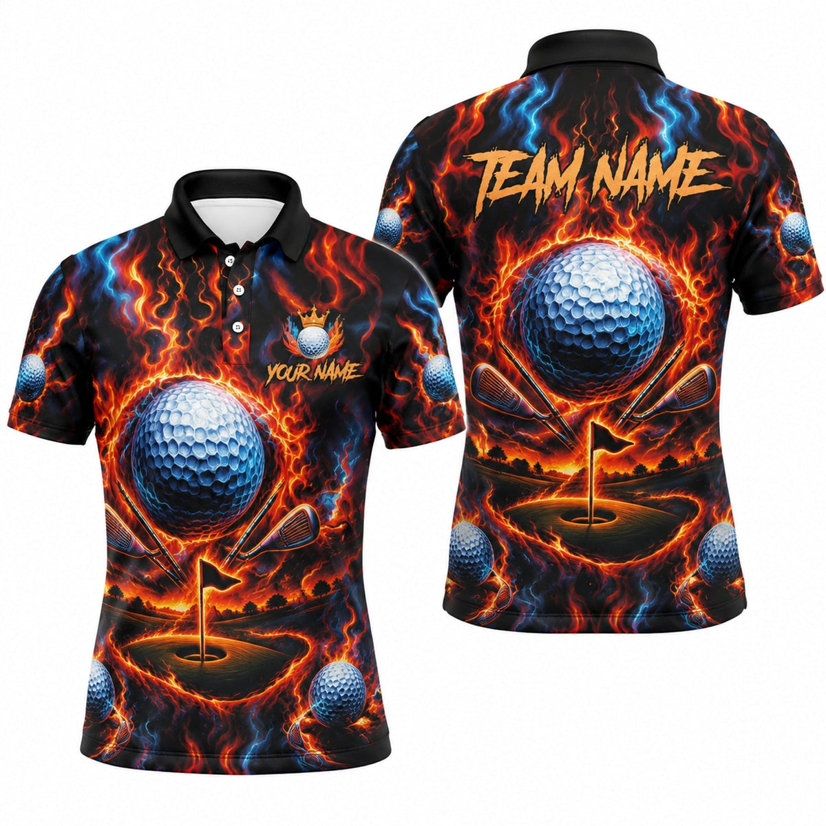 Fiery Golf Ball Clubs Custom Golf Polo Shirt