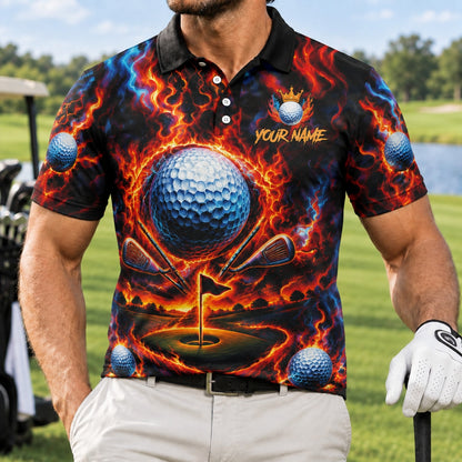 Fiery Golf Ball Clubs Custom Golf Polo Shirt Front View