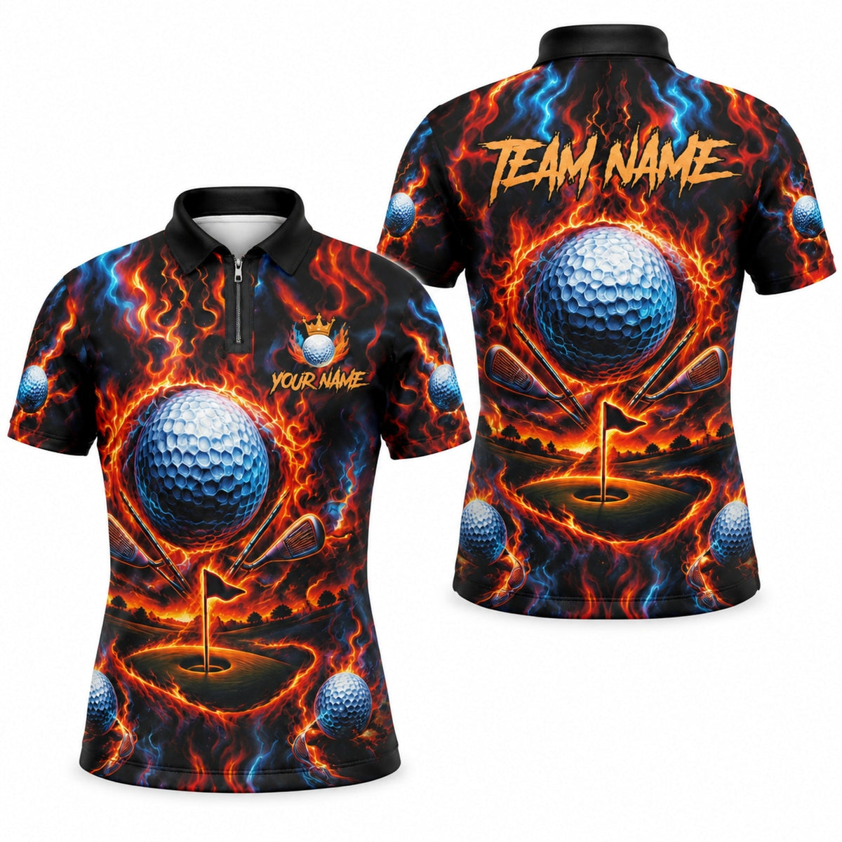 Fiery Golf Ball Clubs Custom Golf Polo Shirt Jersey Zip 1 4 Collar