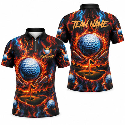 Fiery Golf Ball Clubs Custom Golf Polo Shirt Jersey Zip 1 4 Collar
