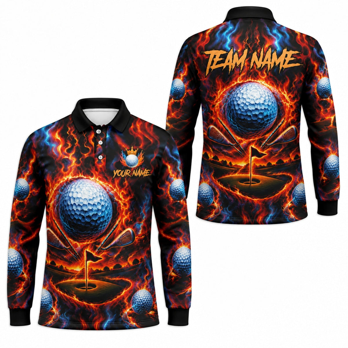 Fiery Golf Ball Clubs Custom Golf Polo Shirt Long Sleeve Polo