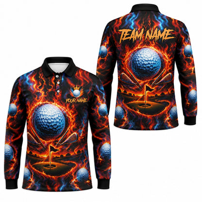 Fiery Golf Ball Clubs Custom Golf Polo Shirt Long Sleeve Polo
