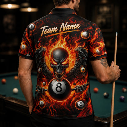 Fiery Skull 8 Ball Graphic Custom Billiard Polo Shirt Back View