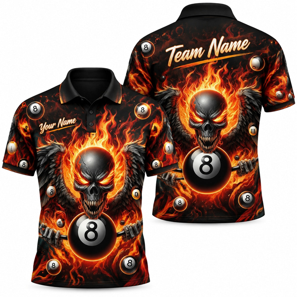 Fiery Skull 8 Ball Graphic Custom Billiard Polo Shirt