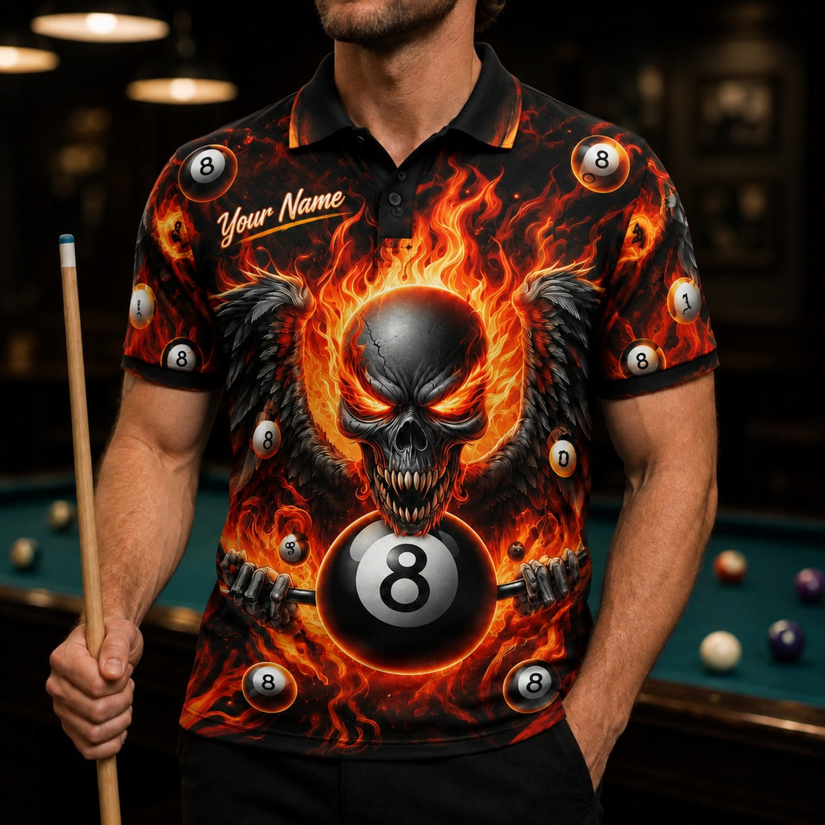 Fiery Skull 8 Ball Graphic Custom Billiard Polo Shirt Front View
