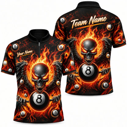 Fiery Skull 8 Ball Graphic Custom Billiard Polo Shirt Jersey Zip 1 4 Collar