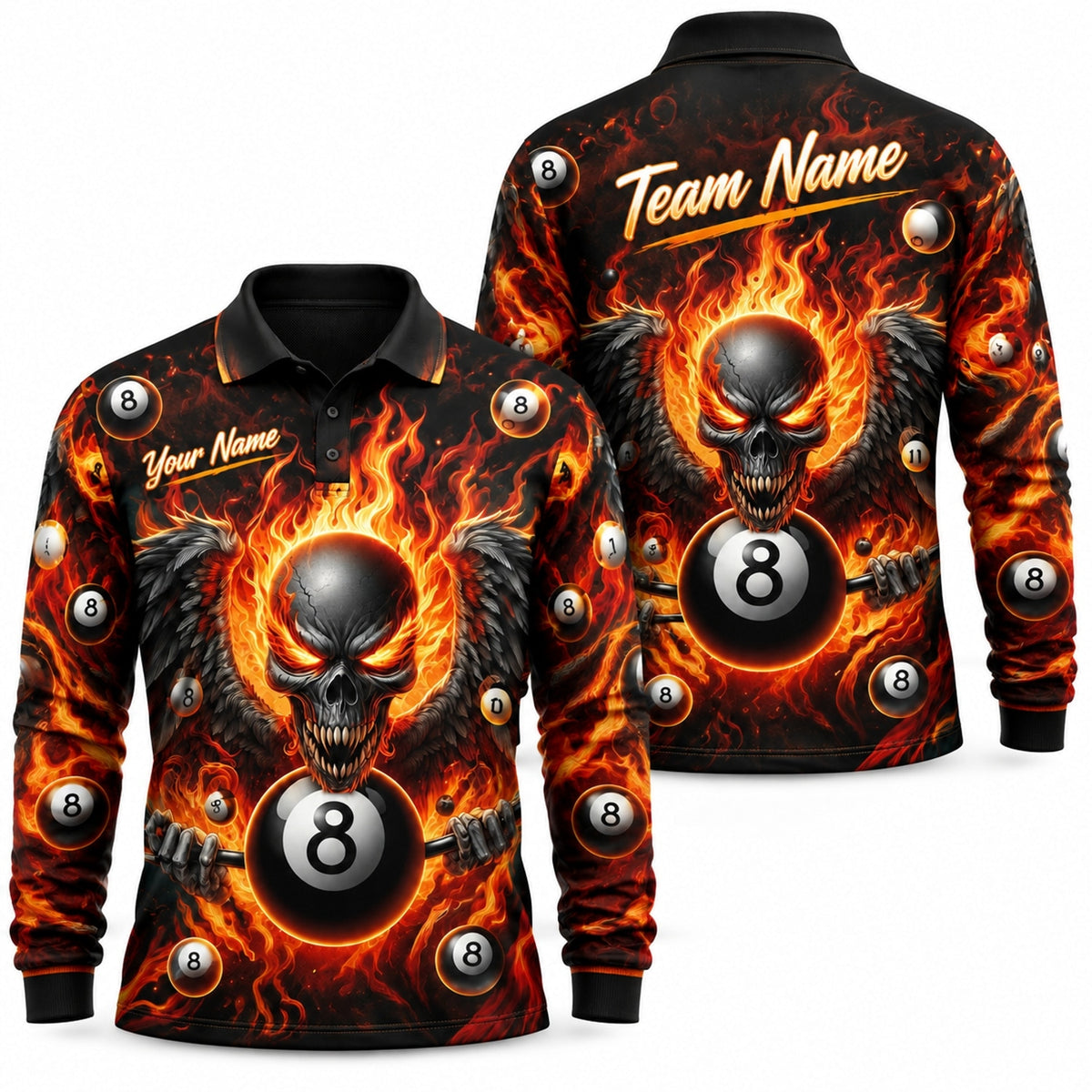 Fiery Skull 8 Ball Graphic Custom Billiard Polo Shirt Long Sleeve Polo