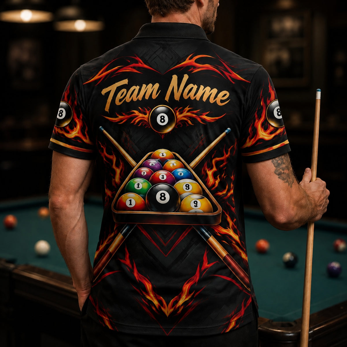 Fiery Skull 8 Ball Graphic Personalized Billiard Polo Shirt Back View