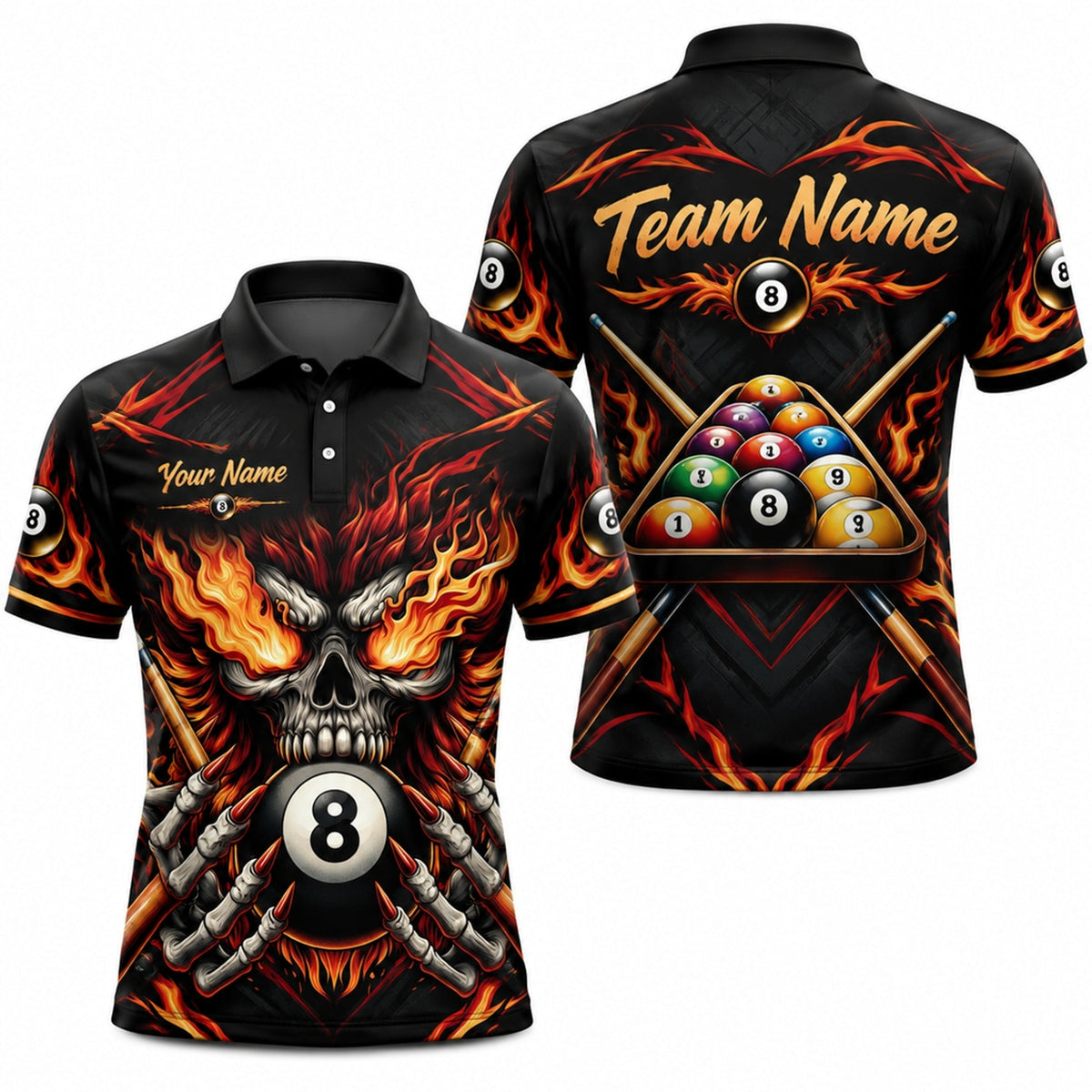 Fiery Skull 8 Ball Graphic Personalized Billiard Polo Shirt