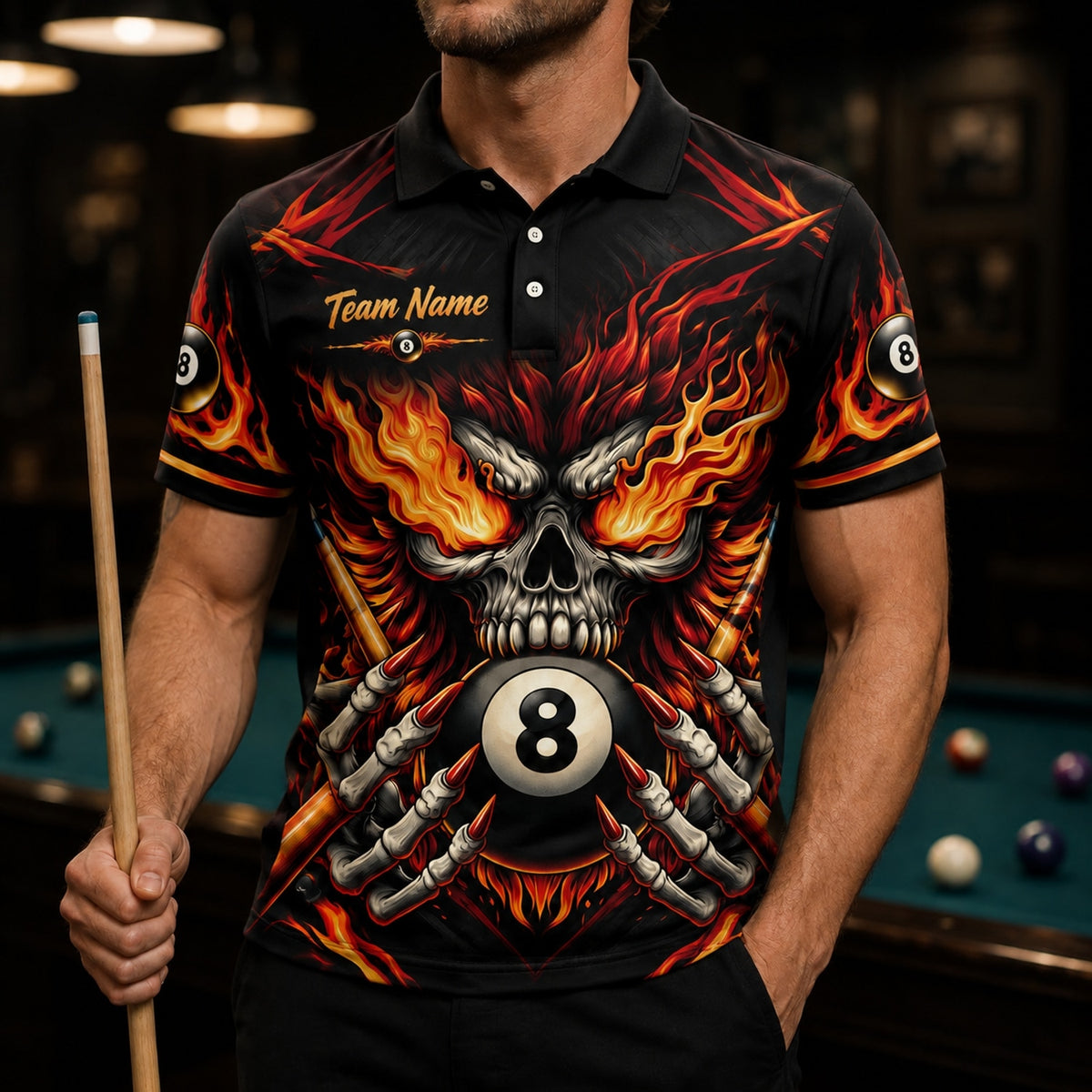 Fiery Skull 8 Ball Graphic Personalized Billiard Polo Shirt Front View