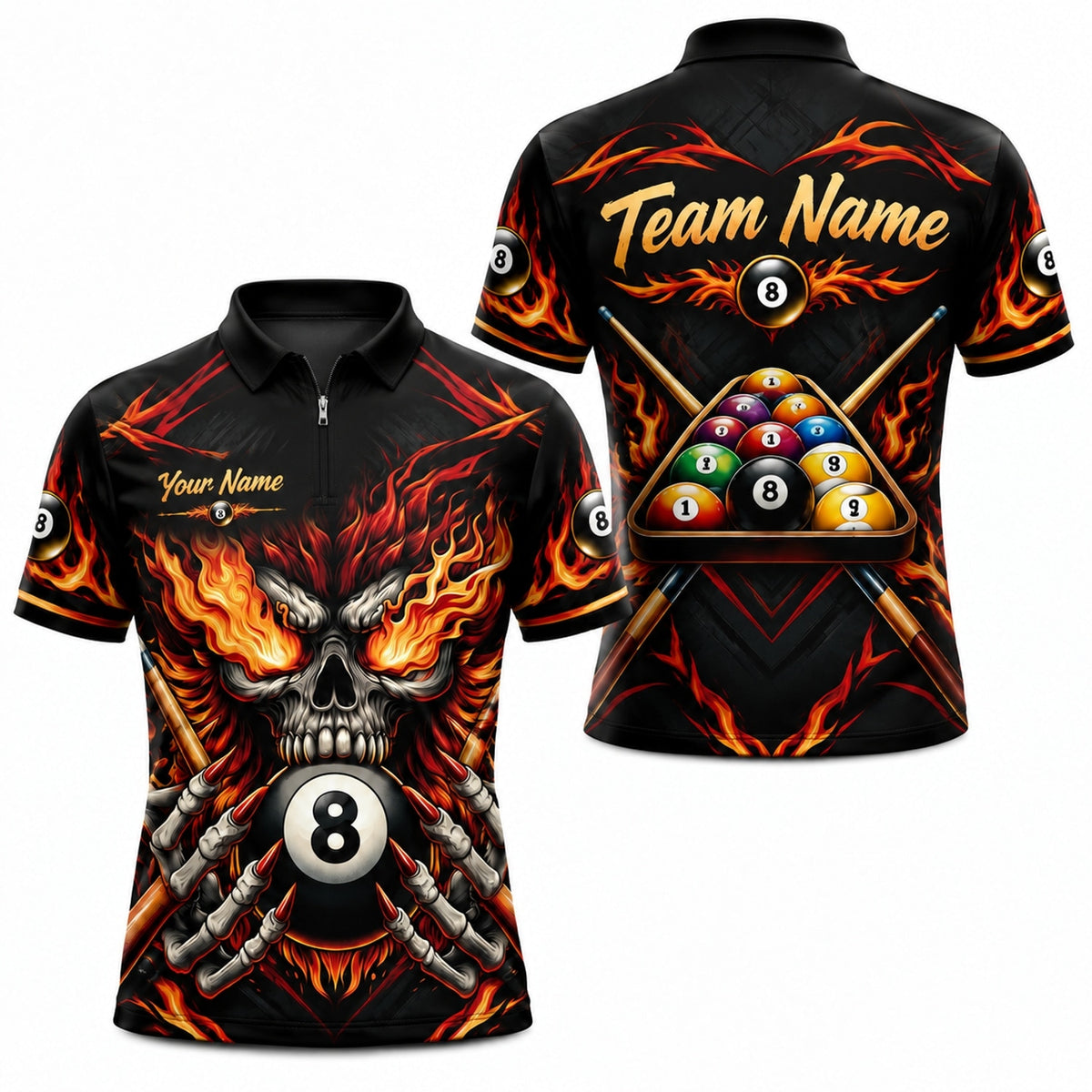 Fiery Skull 8 Ball Graphic Personalized Billiard Polo Shirt Jersey Zip 1 4 Collar