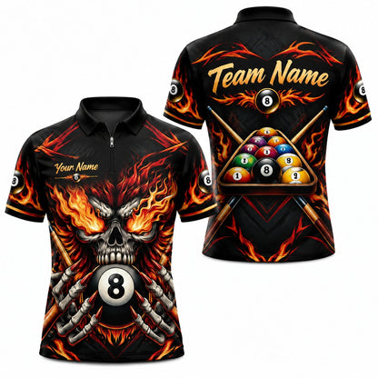 Fiery Skull 8 Ball Graphic Personalized Billiard Polo Shirt Jersey Zip 1 4 Collar