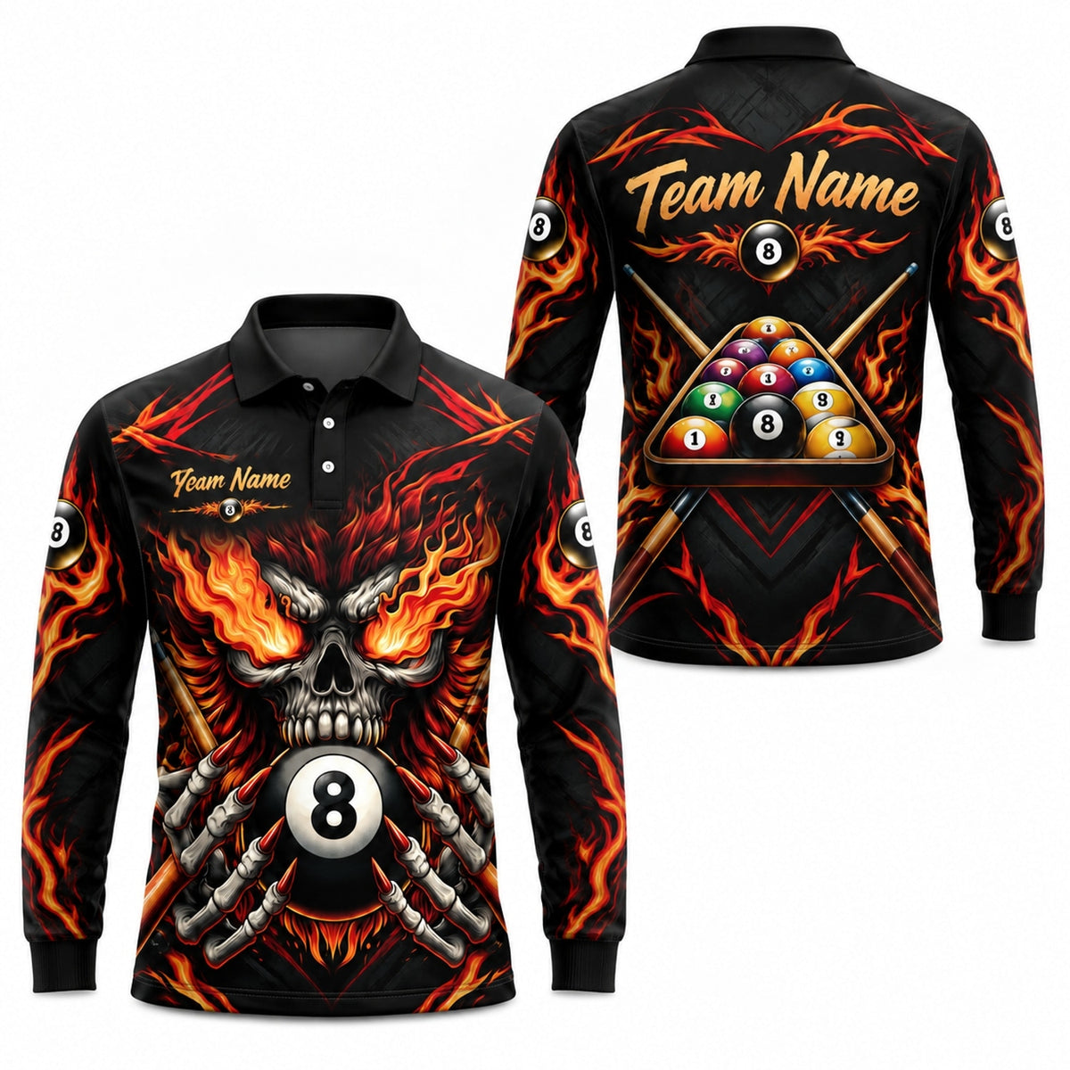 Fiery Skull 8 Ball Graphic Personalized Billiard Polo Shirt Long Sleeve Polo