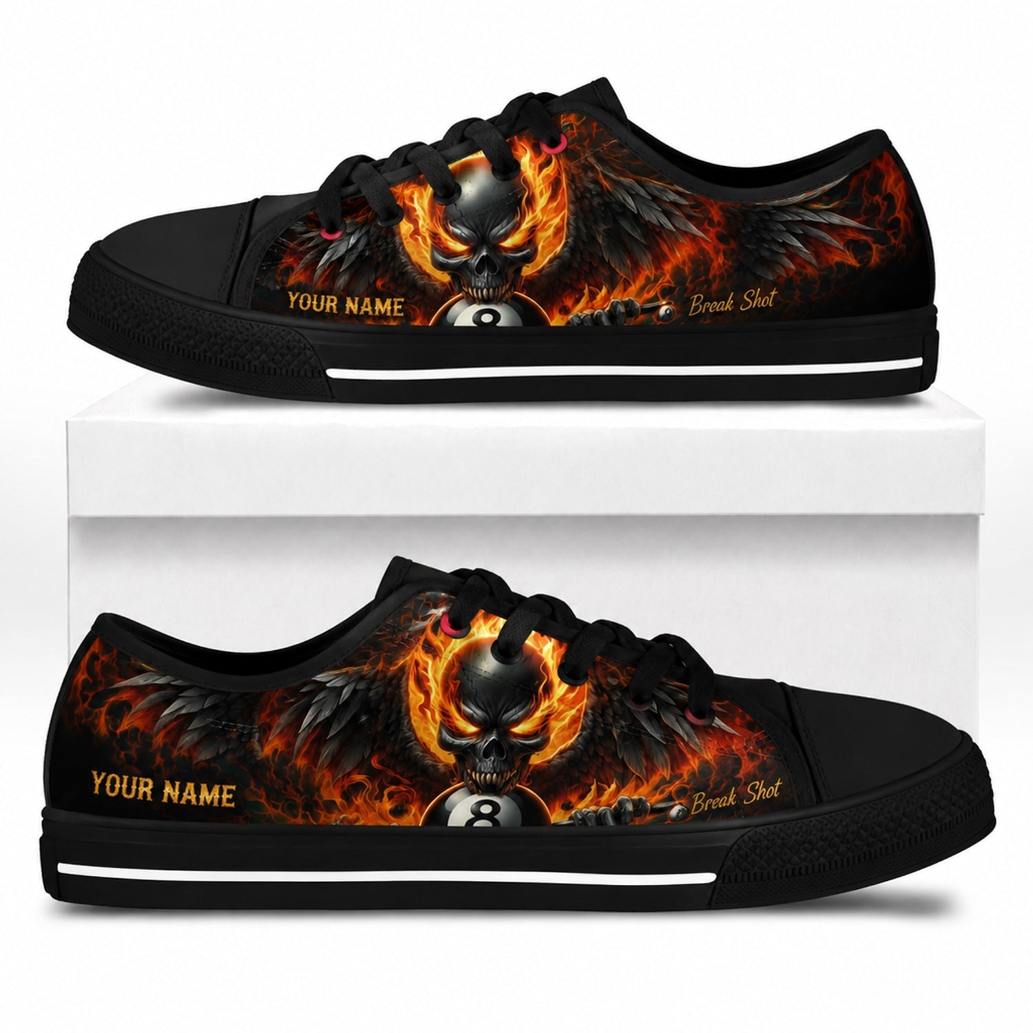 Fiery Skull Eight Ball Graphic Personalized Low Top Shoes Box Black