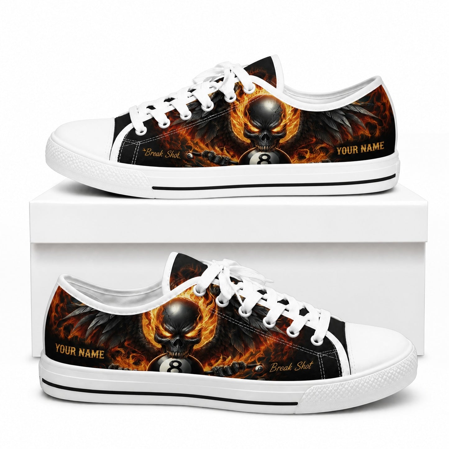 Fiery Skull Eight Ball Graphic Personalized Low Top Shoes Box White