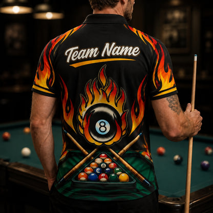Fire 8 Ball Graphic Personalized Billiard Polo Shirt Back View