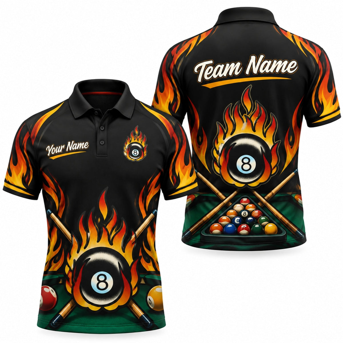 Fire 8 Ball Graphic Personalized Billiard Polo Shirt