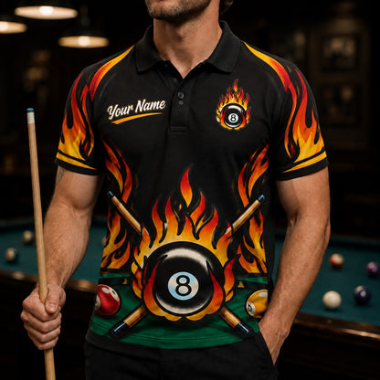 Fire 8 Ball Graphic Personalized Billiard Polo Shirt Front View