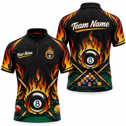 Fire 8 Ball Graphic Personalized Billiard Polo Shirt Jersey Zip 1 4 Collar