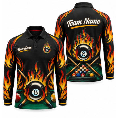 Fire 8 Ball Graphic Personalized Billiard Polo Shirt Long Sleeve Polo