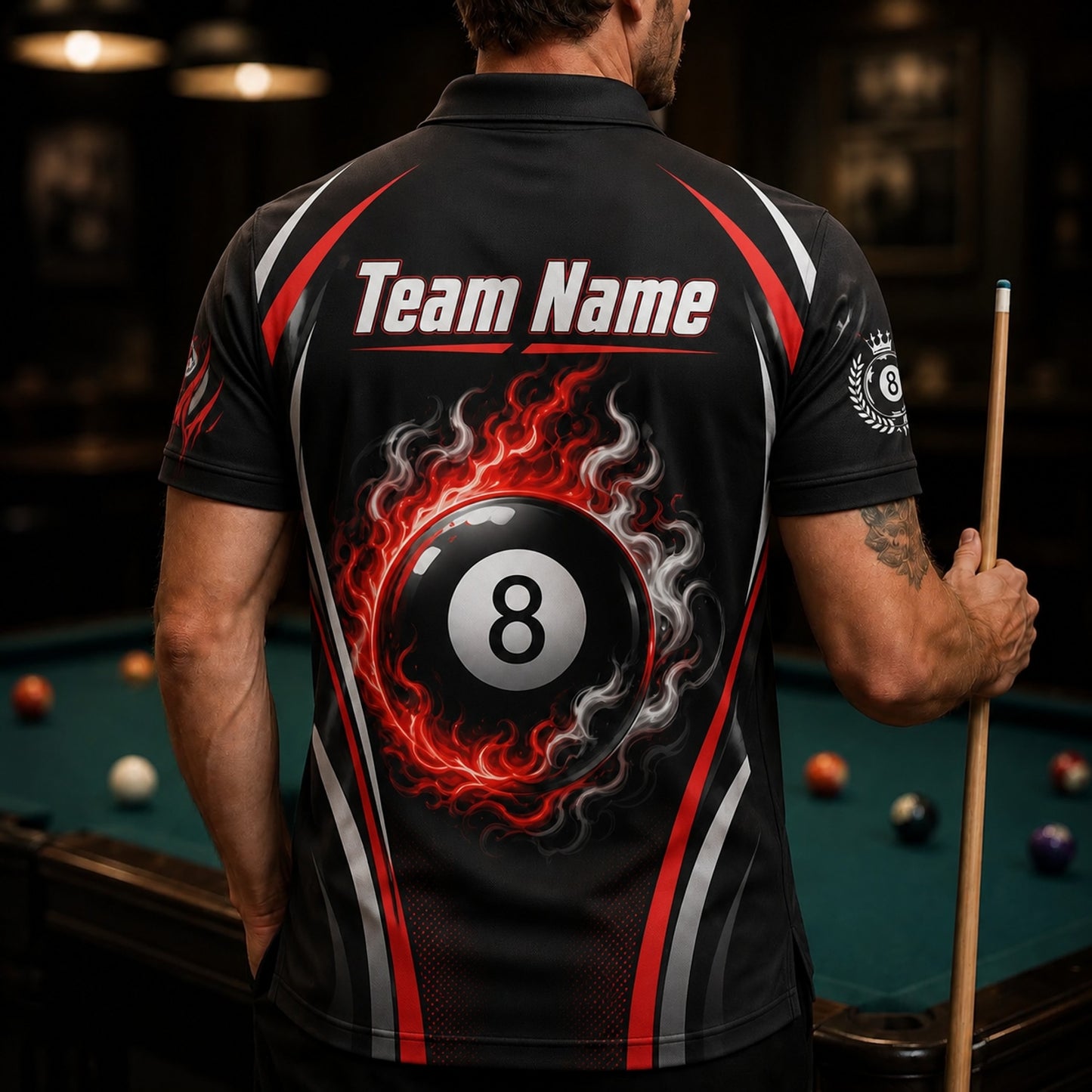 Fire 8 Ball Sport Custom Billiard Polo Shirt Back View