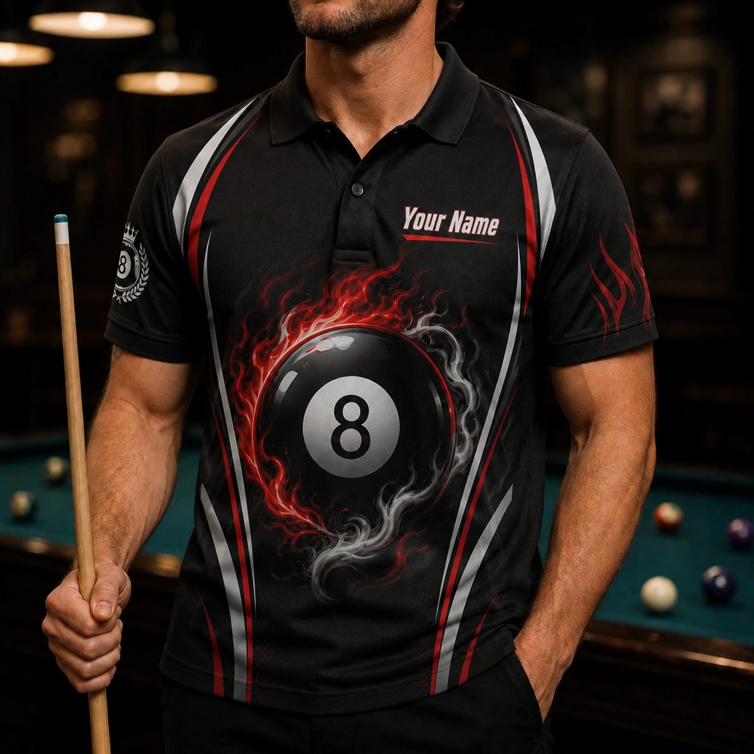Fire 8 Ball Sport Custom Billiard Polo Shirt Front View