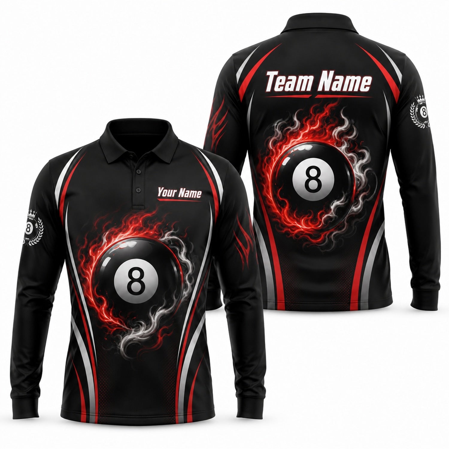 Fire 8 Ball Sport Custom Billiard Polo Shirt Long Sleeve Polo