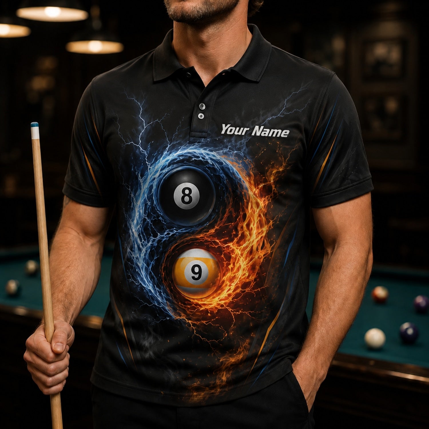 Fire And Ice 8 Ball Graphic Personalized Billiard Polo Shirt Front View