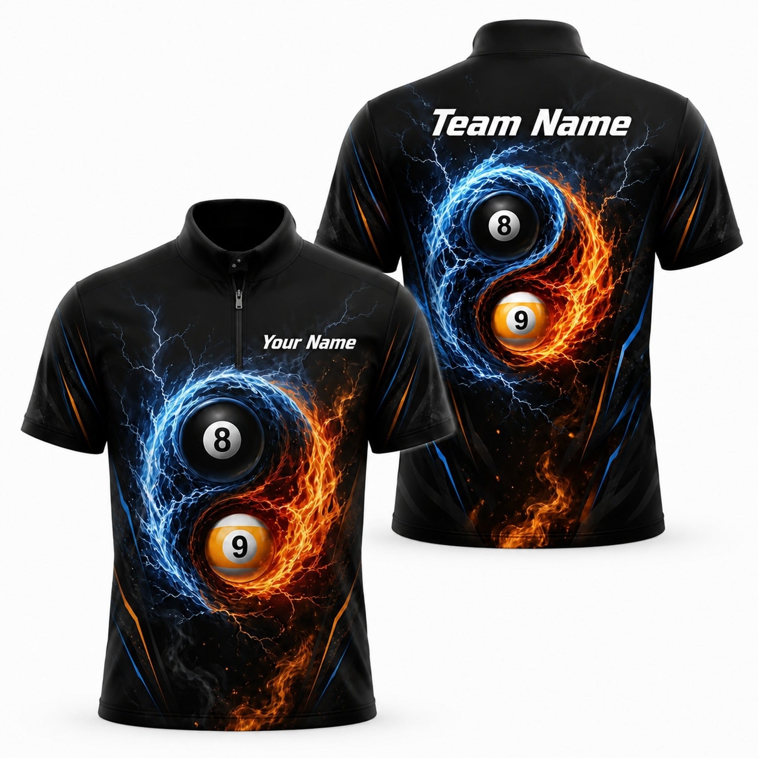 Fire And Ice 8 Ball Graphic Personalized Billiard Polo Shirt Jersey Zip 1 4 Collar