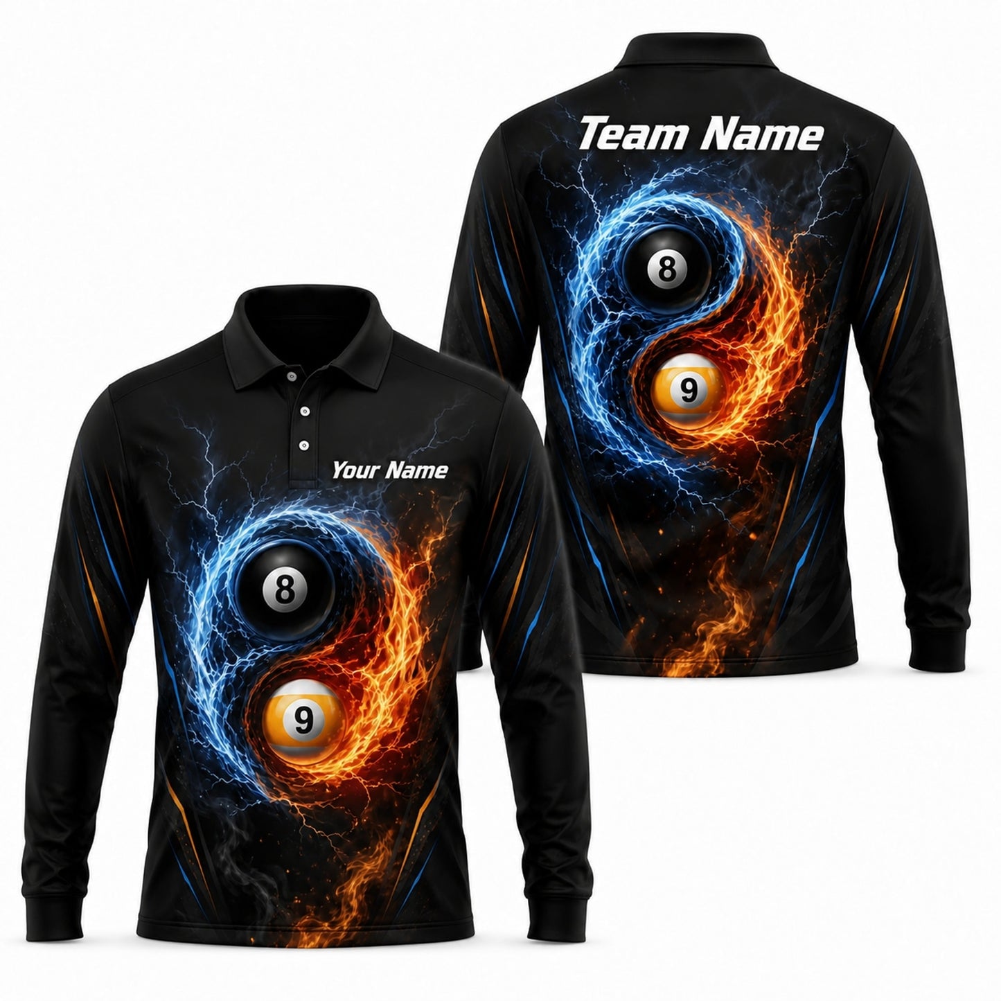Fire And Ice 8 Ball Graphic Personalized Billiard Polo Shirt Long Sleeve Polo